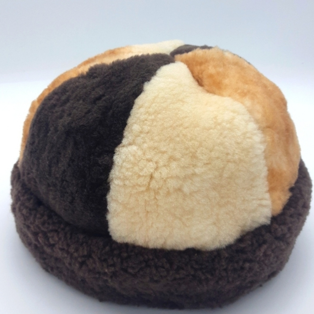 Panelled Shearing Cuff Beanie Hat- Mens One Size fits most - Tan Brown Cream